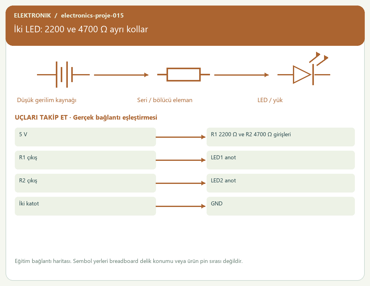 İki LED: 2200 ve 4700 Ω ayrı kollar — proje görseli